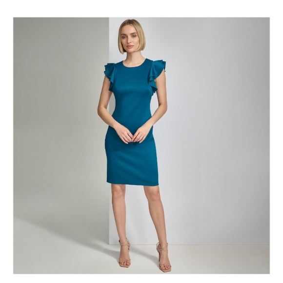 Andrew Marc Ruffle Sleeve Sheath Dress Color: Cypress, Size: 14 EUC - Picture 1 of 10
